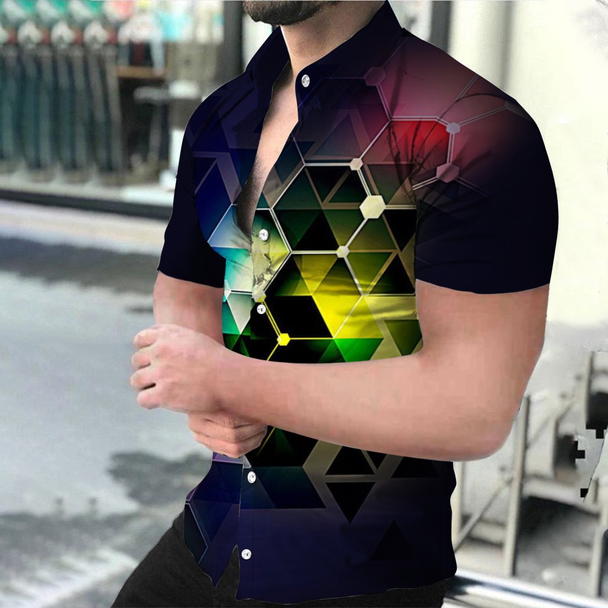 Summer Fashion Men's Social Shirts Turn-down Collar Buttoned Shirt Casual Starry Sky Print Short Sleeve Tops Mens Clothing S-4XL - Dx-1455, Xxxl Bust thumbnail