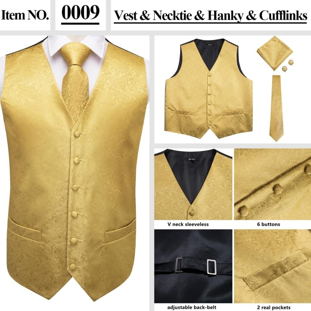 15 Color 100% Silk Men's Blue Green Vest for Men Suit Ganster Wedding Vintage Fashion Floral Formal Vest Paisley Vest and Ties - Ms-0036, Xl thumbnail