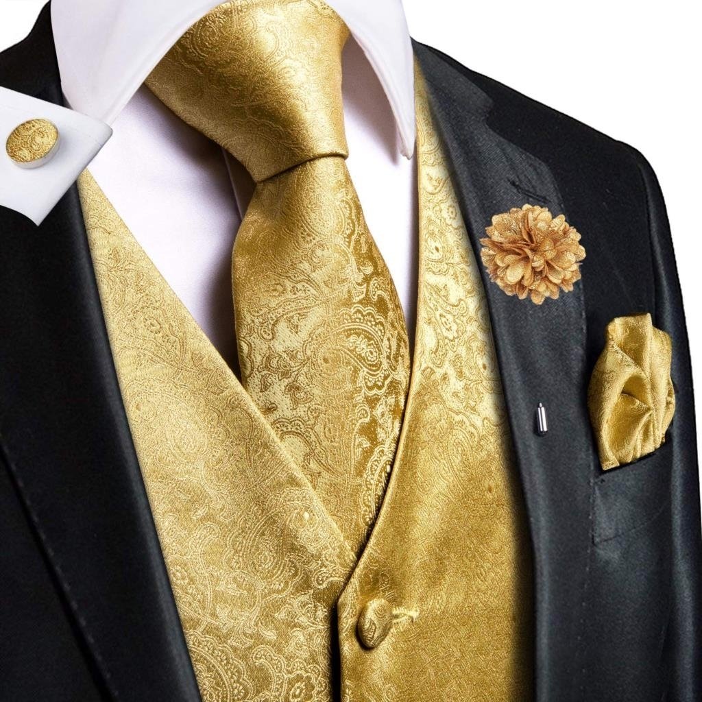 High Quality Silk Mens Vests Champagne Paisley Waistcoat Neck Tie Hanky Cufflinks Brooch Set for Men Suit Wedding Office - Mj-0009-0036, M