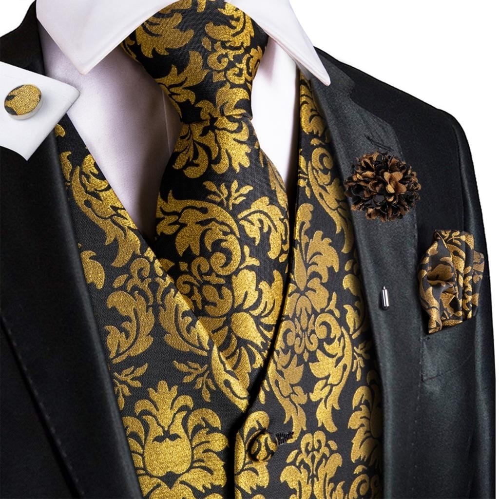 High Quality Silk Mens Vests Champagne Paisley Waistcoat Neck Tie Hanky Cufflinks Brooch Set for Men Suit Wedding Office - Mj-0009-0036, Xl thumbnail