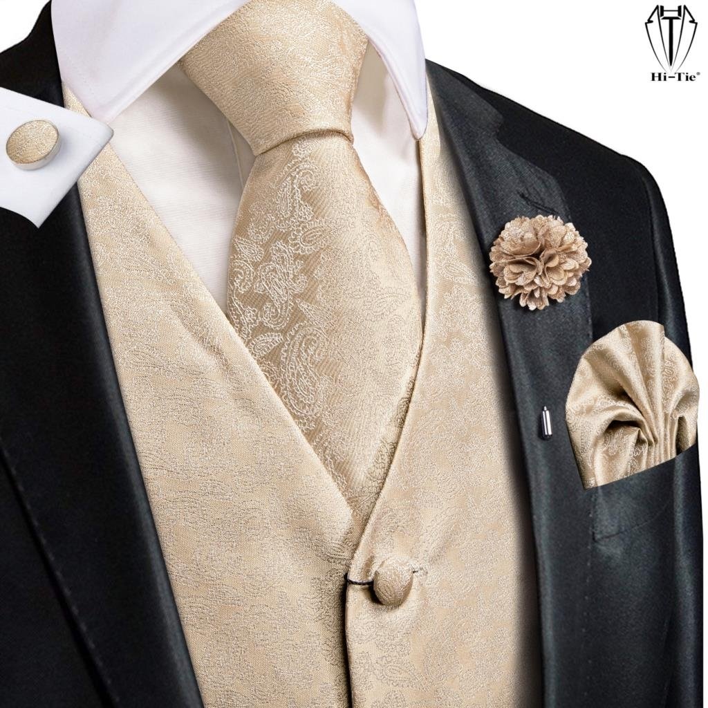High Quality Silk Mens Vests Champagne Paisley Waistcoat Neck Tie Hanky Cufflinks Brooch Set for Men Suit Wedding Office - Mj-2031-0049, S