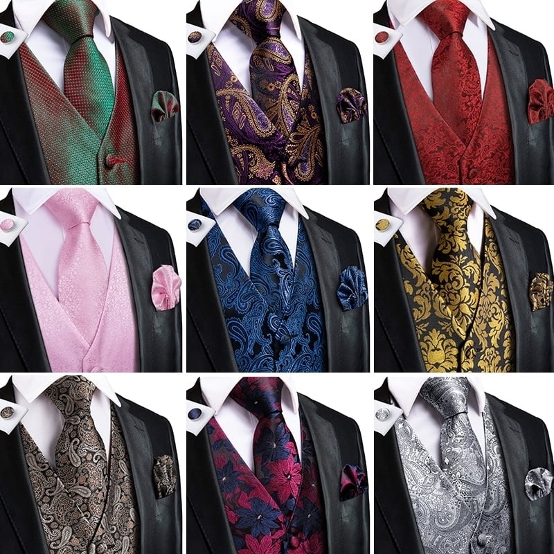 Silk Adult Men's Vest for Suit Luxury Paisley Floral Plaid Suit Vest and Tie Set Blue Gold Red Sliver Wedding Vest Men - Ms-0049, S