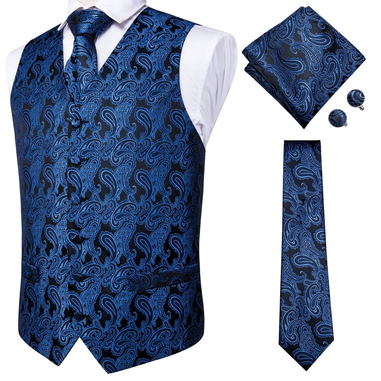Silk Adult Men's Vest for Suit Luxury Paisley Floral Plaid Suit Vest and Tie Set Blue Gold Red Sliver Wedding Vest Men - Ms-0049, S thumbnail