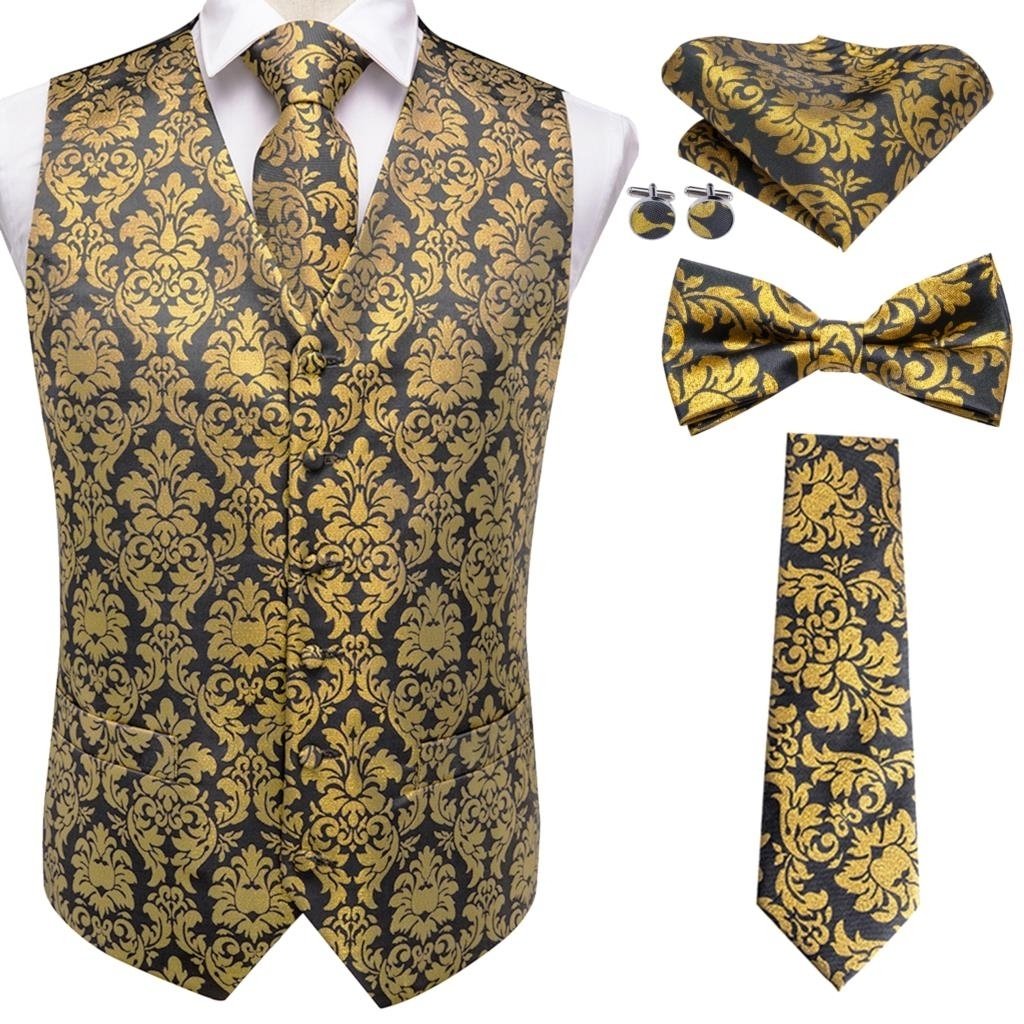 Brand Silk Mens Vests Red Blue Green Gold Waistcoat Tie Bowtie Hanky Cufflinks Set Waist Jacket for Men Wedding Office - 0008-0516, Xxxl
