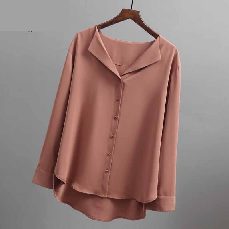2021 Fashion Long Sleeve Chiffon Blouse Women Brown White Shirts Tunics for Women Office Style Silk Shirt Woman Blouse 5104 50 - Khaki, L - Beige