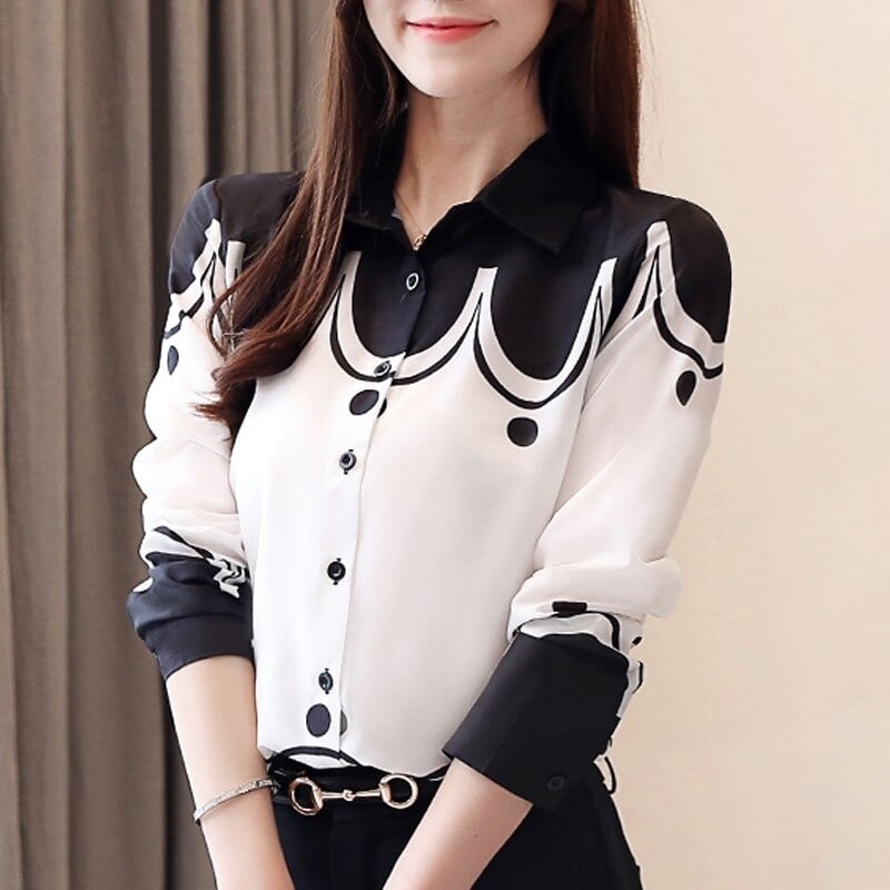Fashion Women 2021 Casual Printed Women Tops Long Sleeve Turn-down Collar Women Clothing Office Lady Chiffon Blouses 5499 50 - Black, S