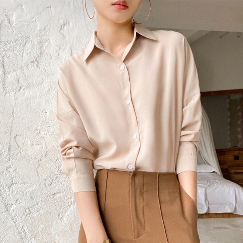 2021 Solid Chic Chiffon Blouse Women Multi Color Casual Lapel Loose Long Sleeve Elegant Casual White Pink Tops 9862 - Khaki, One Size - One Size Beige