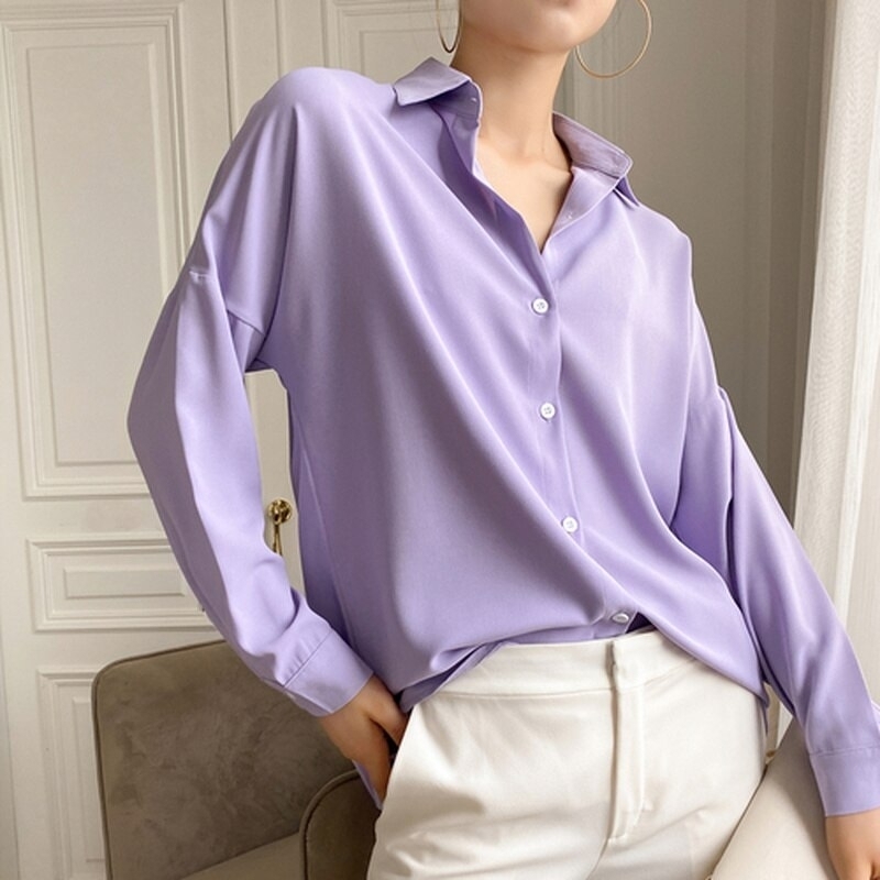 2021 Solid Chic Chiffon Blouse Women Multi Color Casual Lapel Loose Long Sleeve Elegant Casual White Pink Tops 9862 - Lavender, One Size - Purple
