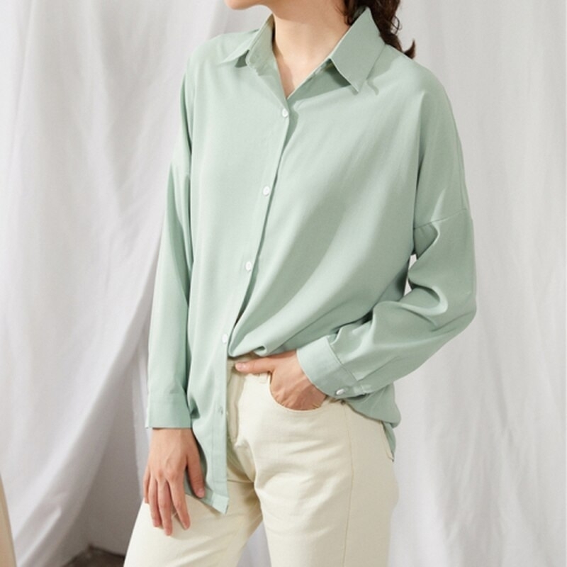 2021 Solid Chic Chiffon Blouse Women Multi Color Casual Lapel Loose Long Sleeve Elegant Casual White Pink Tops 9862 - Light Grey, One Size