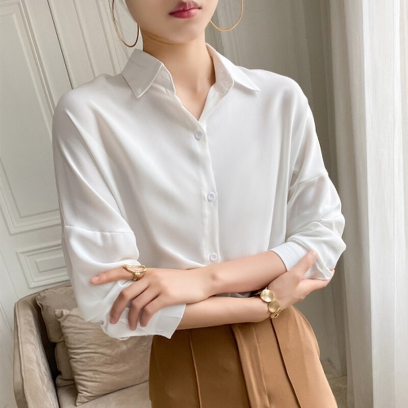 2021 Solid Chic Chiffon Blouse Women Multi Color Casual Lapel Loose Long Sleeve Elegant Casual White Pink Tops 9862 - White, One Size