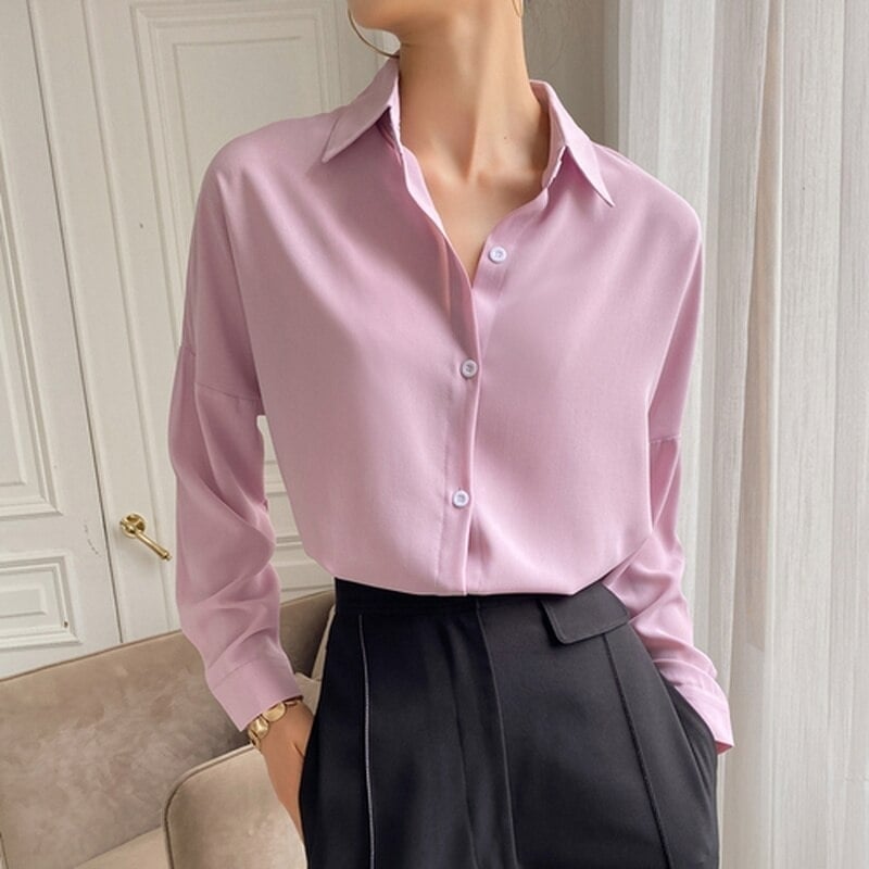 2021 Solid Chic Chiffon Blouse Women Multi Color Casual Lapel Loose Long Sleeve Elegant Casual White Pink Tops 9862 - White, One Size thumbnail
