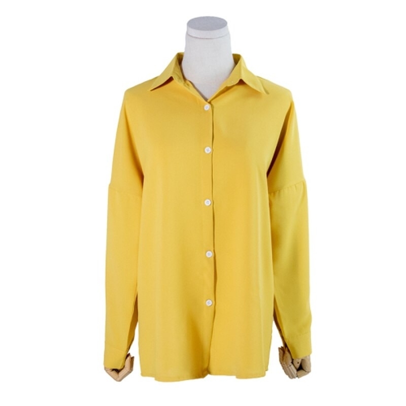 2021 Solid Chic Chiffon Blouse Women Multi Color Casual Lapel Loose Long Sleeve Elegant Casual White Pink Tops 9862 - Yellow, One Size