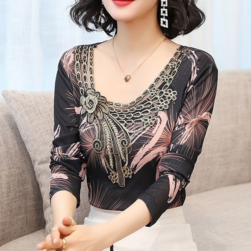 Womens Tops and Blouses 2021 Spring Women Long Sleeve Shirts Embroidery Floral O-Neck Black Tops Blusas Plus Size Tops 8367 50 - Khaki, Xxxl - Beige