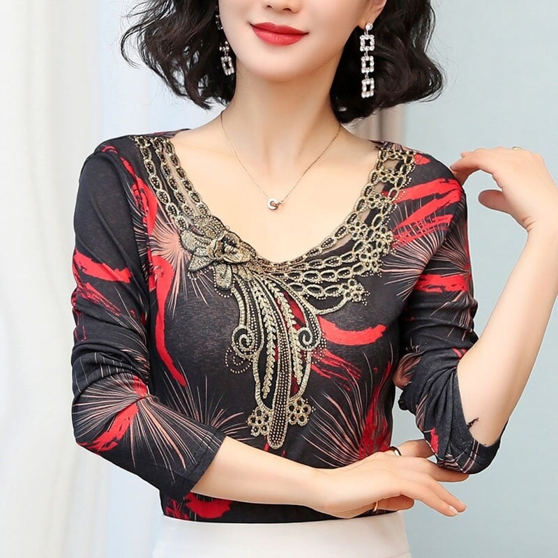 Womens Tops and Blouses 2021 Spring Women Long Sleeve Shirts Embroidery Floral O-Neck Black Tops Blusas Plus Size Tops 8367 50 - Red, S