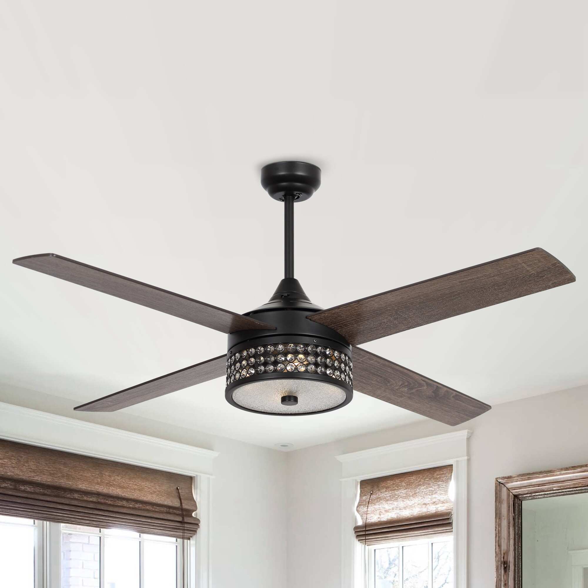 Parrot Uncle 52-inch Matte Black Wood 4-Blade Crystal Ceiling Fan with Remote