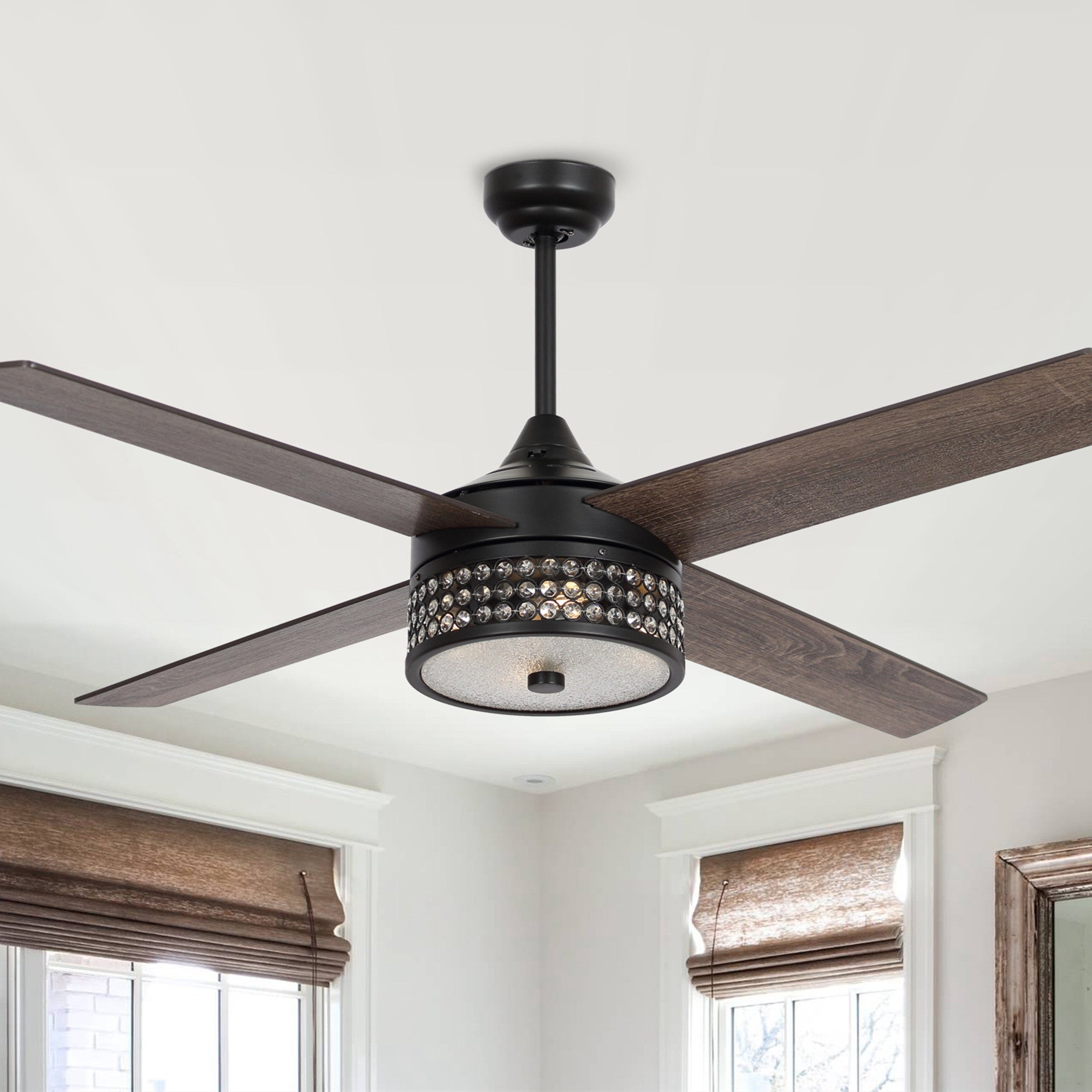 Parrot Uncle 52-inch Matte Black Wood 4-Blade Crystal Ceiling Fan with Remote thumbnail
