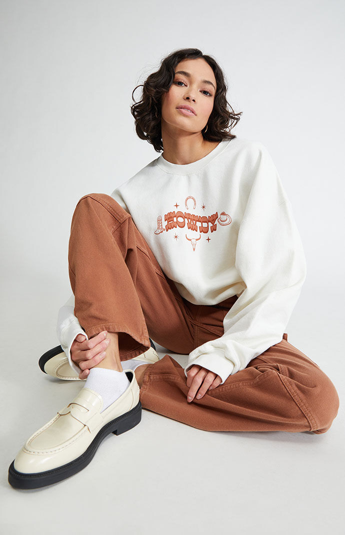 Golden Hour Womens Howdy Crew Neck Oversized Sweatshirt - Beige