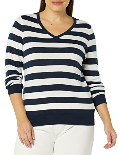 Amazon Essentials Women's Classic-Fit Lightweight Long-Sleeve V-Neck Sweater (Available in Plus Size), Navy/White, Stripe, XX-Large thumbnail