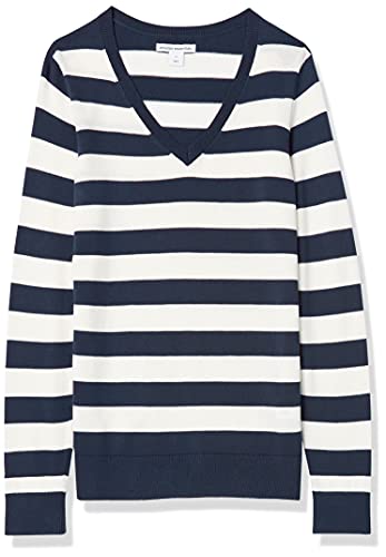 Amazon Essentials Women's Classic-Fit Lightweight Long-Sleeve V-Neck Sweater (Available in Plus Size), Navy/White, Stripe, XX-Large thumbnail