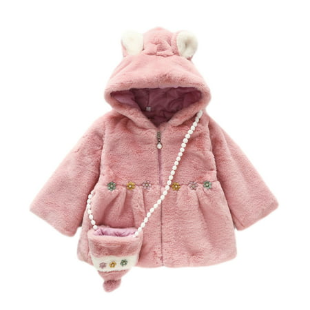 Kids Jackets for Girls Boys Toddler Baby Winter Clothing Ears Hooded Thicken Outerwear Flowers Jacket with Bag