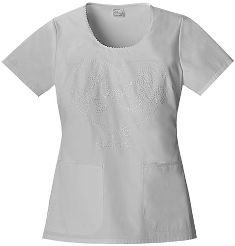 Tooniforms 6755 Women's Round Neck Embroidery Scrub Top Minnie in Love White Large