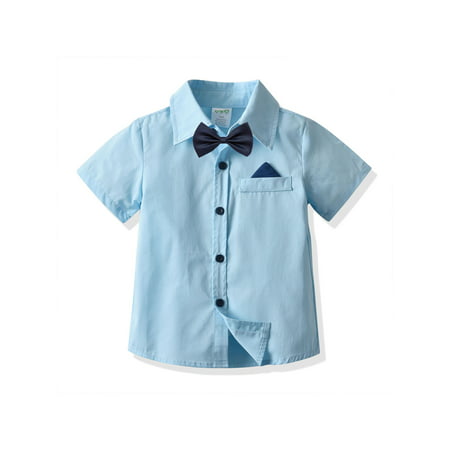 Domingbub Toddler Boys Button Down Shirts Buffalo Plaid Shirt with Bowknot School Uniform Dress Shirt Blue 5-6 Years