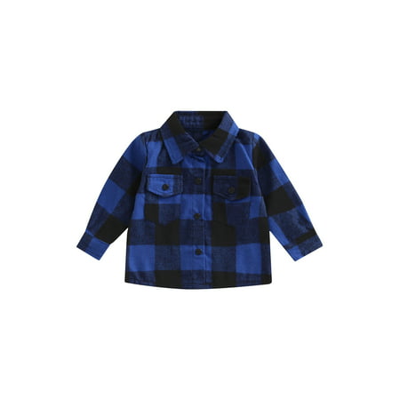 Diconna Toddler Baby Boy Girl Tops Long Sleeve Button Down Buffalo Plaid Flannel Shirts Kids Fall Winter Clothes Blue 6-12 Months