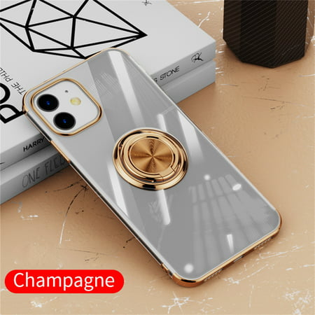 Miximx for iPhone 12 6.1 Clear Ultra Slim Soft Electroplated Frame Case Ring Stand - Electronic Product for Gifts for iPhone 12 a-a#9862