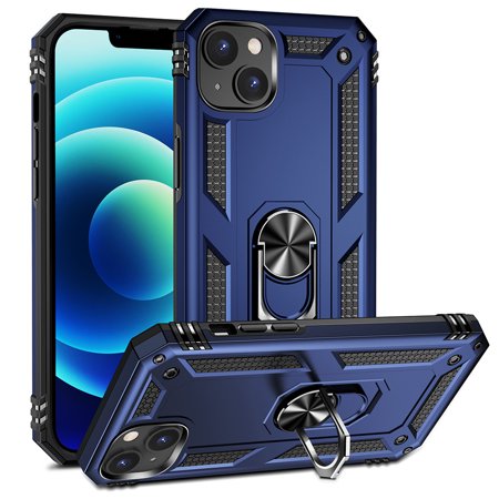 TCAIP14M-0036-NA 6.7 in. Rubberized Hybrid Protective Case with Shock Absorption & Built-in Rotatable Ring Stand for iPhone 14 Plus, Navy