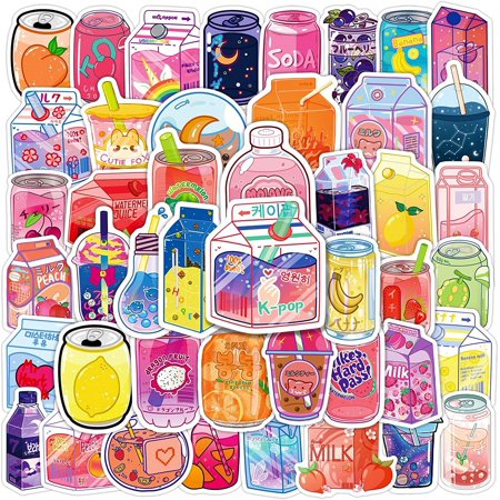 Kawaii Cartoon Beverage Stickers 50Pcs Aesthetic Trendy Stickers Laptop Water Bottles Phone Skateboard Computer Cute Summer Flavored Drink Vinyl Stick