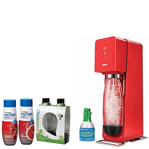 SodaStream Source Home Soda Maker Starter Kit, Red, 1L Carbonating Bottles Black, Waters Zeros W/ 2 Flavor Pink Grapefruit & Cranberry Raspberry Z thumbnail