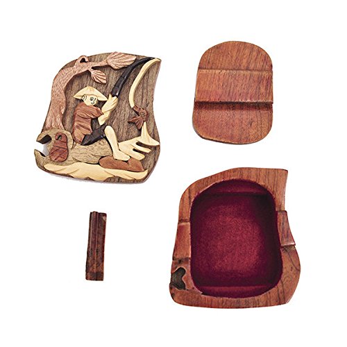 Handmade Wooden Art Intarsia TRICK SECRET Asian Fisherman Puzzle Trinket Box (3323) (g2)