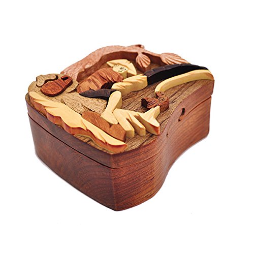 Handmade Wooden Art Intarsia TRICK SECRET Asian Fisherman Puzzle Trinket Box (3323) (g2) thumbnail