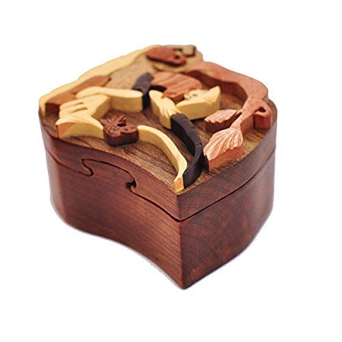 Handmade Wooden Art Intarsia TRICK SECRET Asian Fisherman Puzzle Trinket Box (3323) (g2) thumbnail