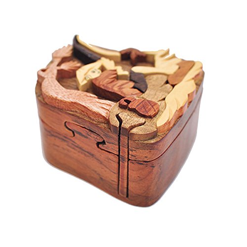Handmade Wooden Art Intarsia TRICK SECRET Asian Fisherman Puzzle Trinket Box (3323) (g2) thumbnail
