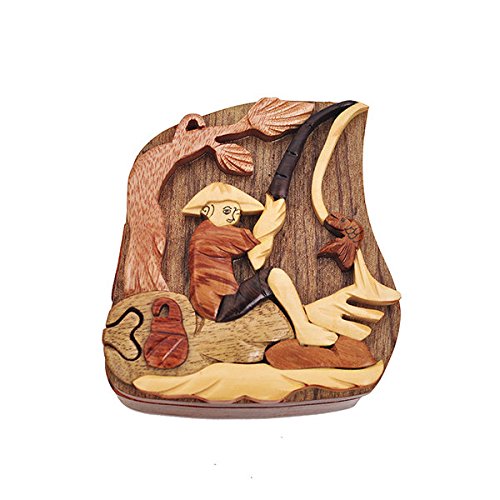 Handmade Wooden Art Intarsia TRICK SECRET Asian Fisherman Puzzle Trinket Box (3323) (g2) thumbnail