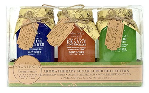 La Bella Provincia Aromatherapy Sugar Scrub Collection 3 Pc Gift Set - Jasmine Lavender, Orange Gingergrass, Royal Relief Eucalyptus