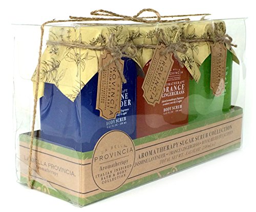 La Bella Provincia Aromatherapy Sugar Scrub Collection 3 Pc Gift Set - Jasmine Lavender, Orange Gingergrass, Royal Relief Eucalyptus thumbnail