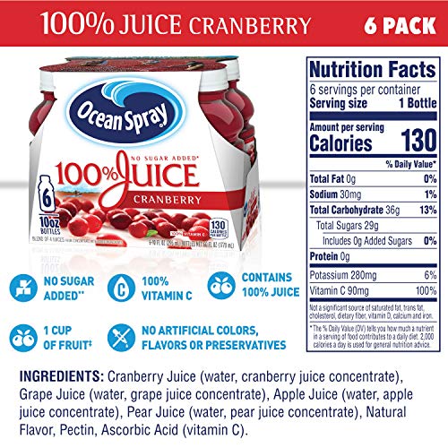 Ocean Spray 100% Juice, Cranberry Juice, 10 Ounce Bottle (Pack of 6) thumbnail