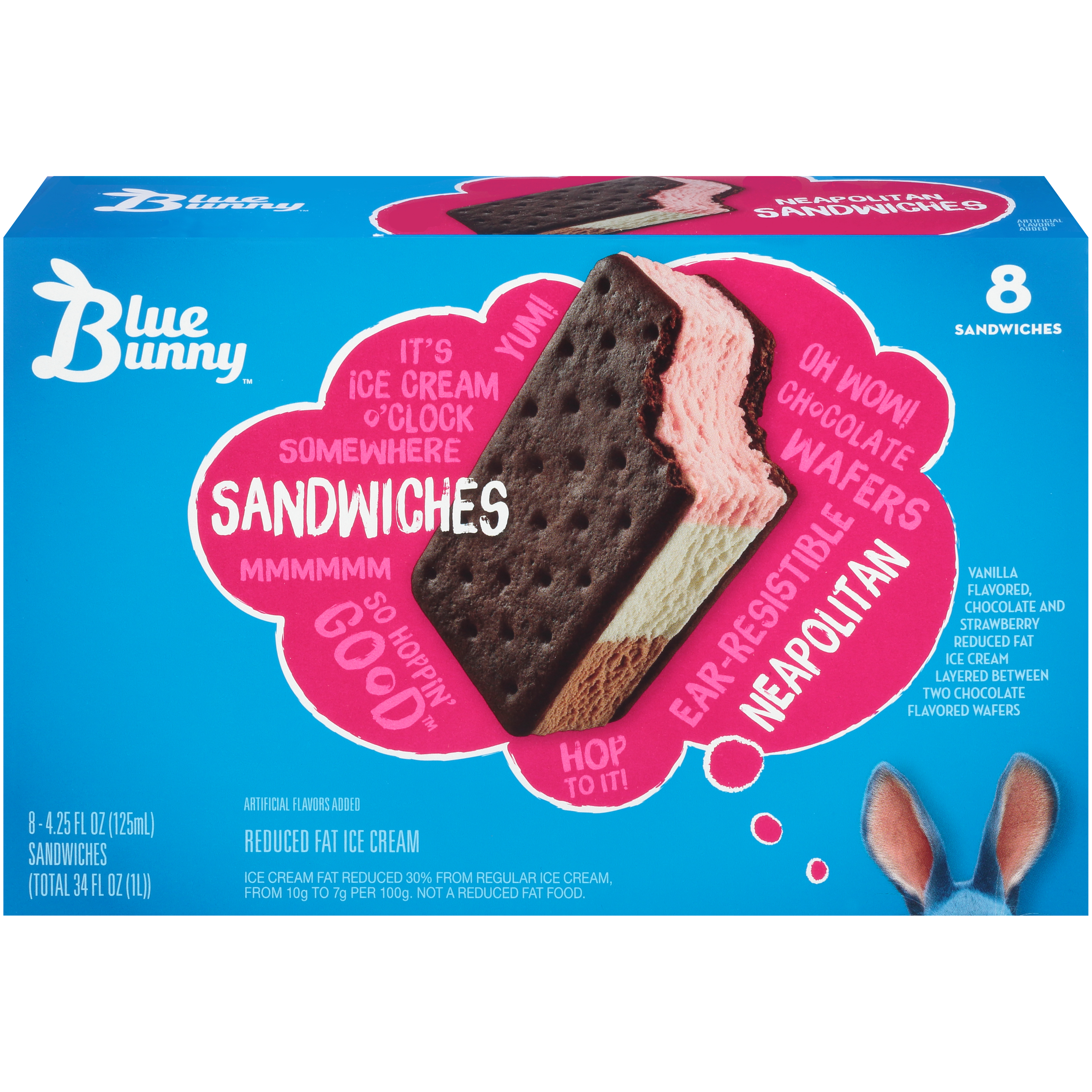 Neapolitan Vanilla Flavored, Chocolate and Strawberry Reduced Fat Ice Cream Layered Between Two Chocolate Wafers Sandwiches, Neapolitan Vanilla