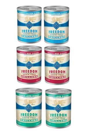 6 Pack Blue Buffalo Freedom (GRILLERS) Grain Free Cans- Chicken, Beef, and Lamb (2 of Each) (Tender Cuts in Gravy)