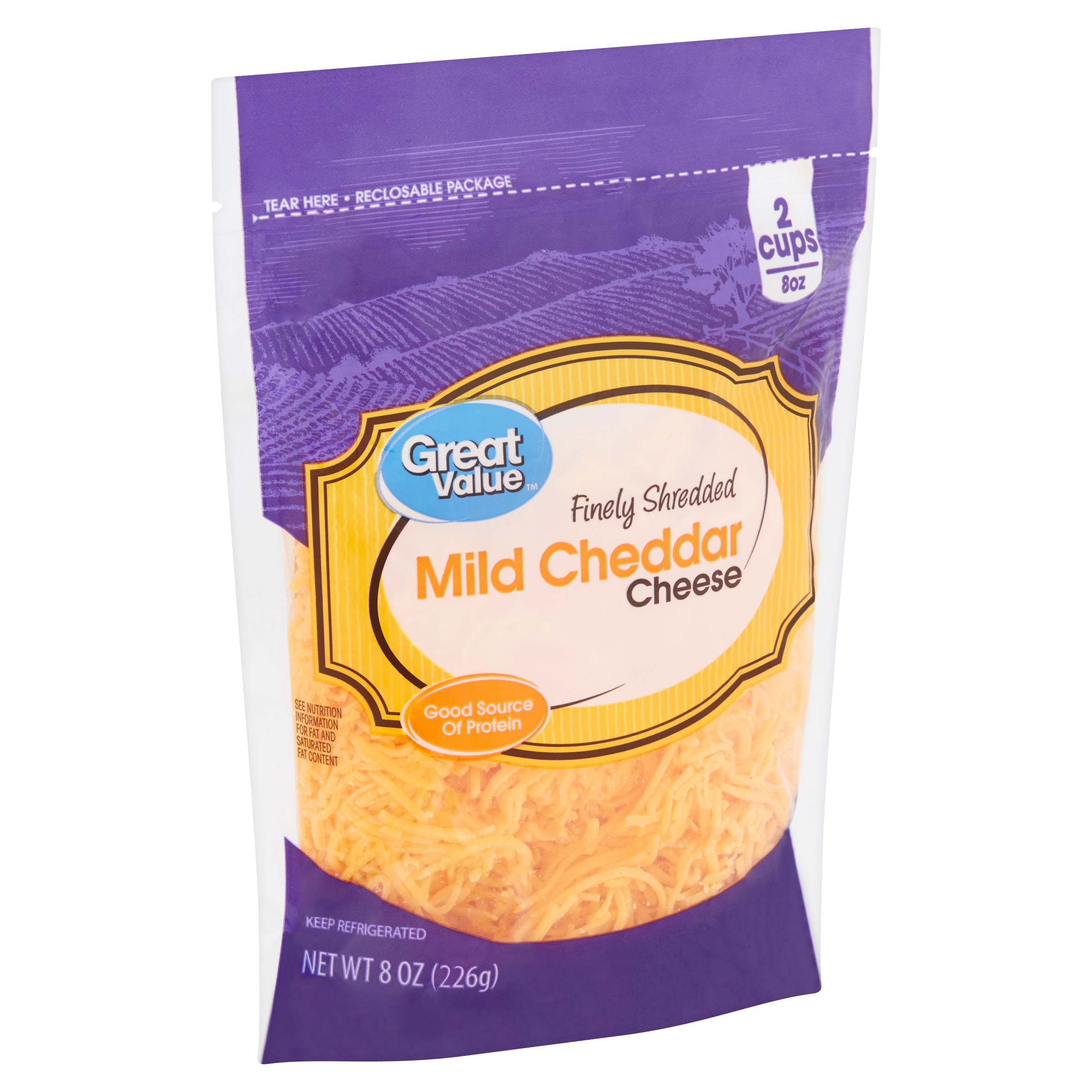 Great Value Finely Shredded Mild Cheddar Cheese, 8 Oz Image