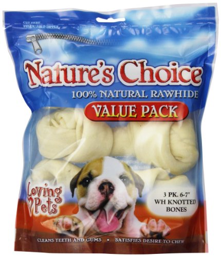 Loving Pets Nature's Choice 100-Percent Natural Rawhide White Knotted Bone Value Pack Dog Treat, 6-7-Inches, 3/Pack thumbnail