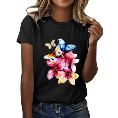 QUYUON Womens Summer Tops Short Sleeve Shirts for Women Crewneck Sweatshirt Women Fashion Tops 31610 Print Woman Rounk Neck Blouse T-Shirt Causal Tops