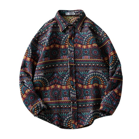 QUYUON Long Coat Men 1136 Ethnic Print Sleeve Men S Fashion Outdoor Spring and Autumn Outdoor Ethnic Geometric Jacket