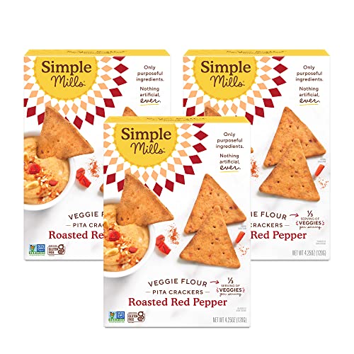 Simple Mills Veggie Flour Pita Crackers, Roasted Red Pepper - Gluten Free, Vegan, Healthy Snacks, Paleo Friendly, 4.25 Ounce (Pack of 3)