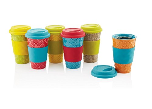 Set of 6 Stoneware Travel Mugs with Silicone Lids and Removable Grips, 12 Fl. Oz Capacity Each (Damask Collection)