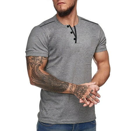 Fiudx Men S Plus Size Button V-neck Shirts Solid Color Short Sleeve T-Shirts 2564