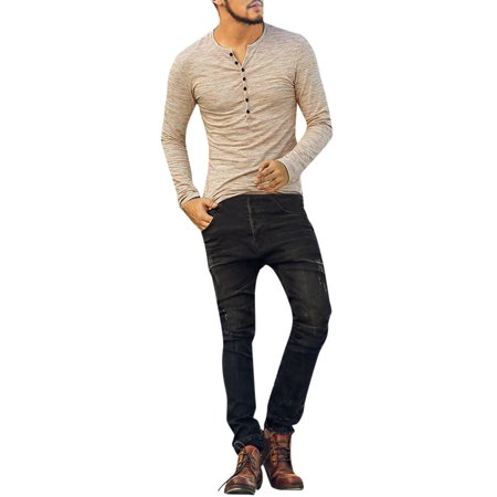 Bospose Mens Winter Shirts Men S Shirts Casual Long Sleeve Shirts Men Autumn Henry Collar Button Slim T-Shirt Top Blouse 8835# and Henry Collar T-Shir