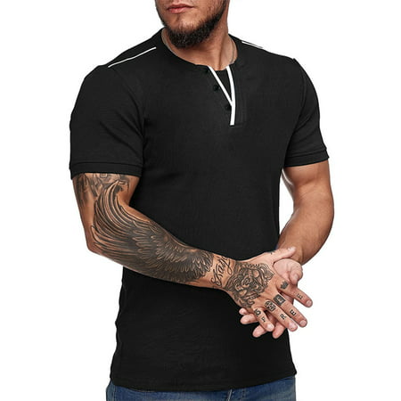 Fiudx Men S Plus Size Button V-neck Shirts Solid Color Short Sleeve T-Shirts 2564